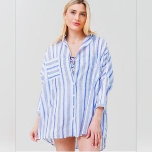 Stark X Relaxed White Stripe Button Down Oversized Cover-up Dress